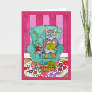 Cartão Knitting cat and mouse greeting or note card