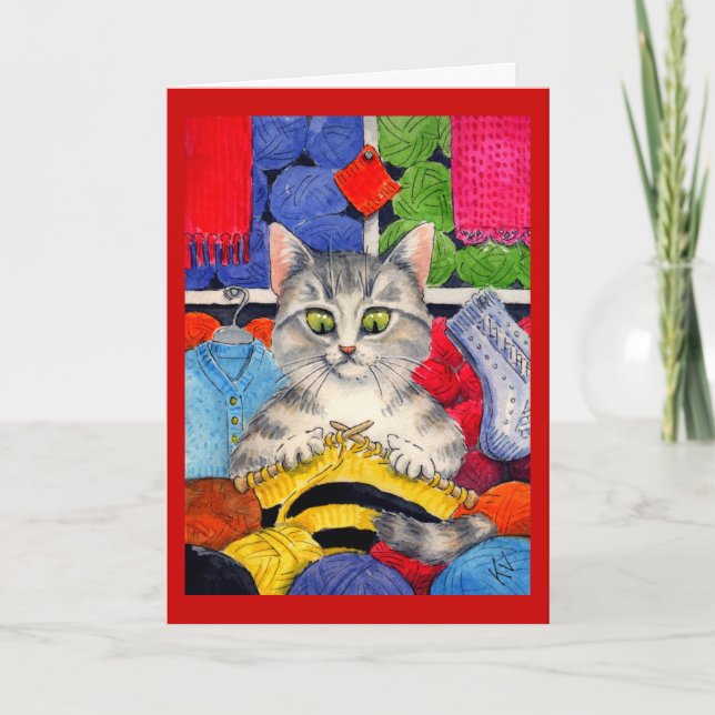 Cartão Knitting cat greeting or note card (Frente)