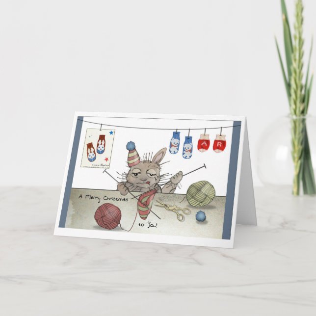 Cartão Knitting Rabbit Christmas Card (Frente)