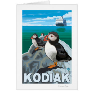 Cartão Kodiak, AlaskaPuffins e navio de cruzeiros do
