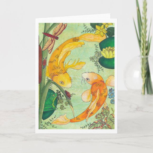 Cartão Koi In A Pond Folded Blank Card by Heather T. (Frente)
