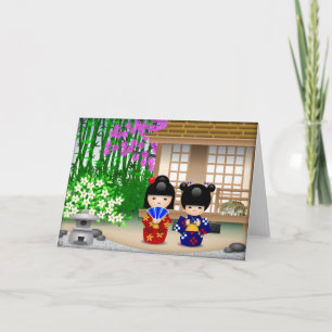Cartão Kokeshi Dolls and Teahouse