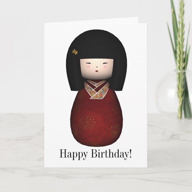 Cartão Kokeshi Sakura Doll Happy Birthday Card (Frente)