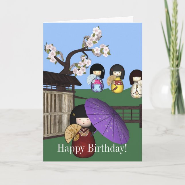Cartão Kokeshi Sakura Dolls Happy Birthday Card (Frente)