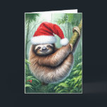 Cartão Lã De Natal Na Floresta Tropical<br><div class="desc">Uma preguiça branca vestindo um Papai Noel vermelho e branco que se pendura confortavelmente de um galho no meio de uma floresta esmagada e verde</div>