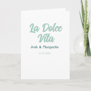 Cartão La Dolce Vita verde azul pastel nome data casament