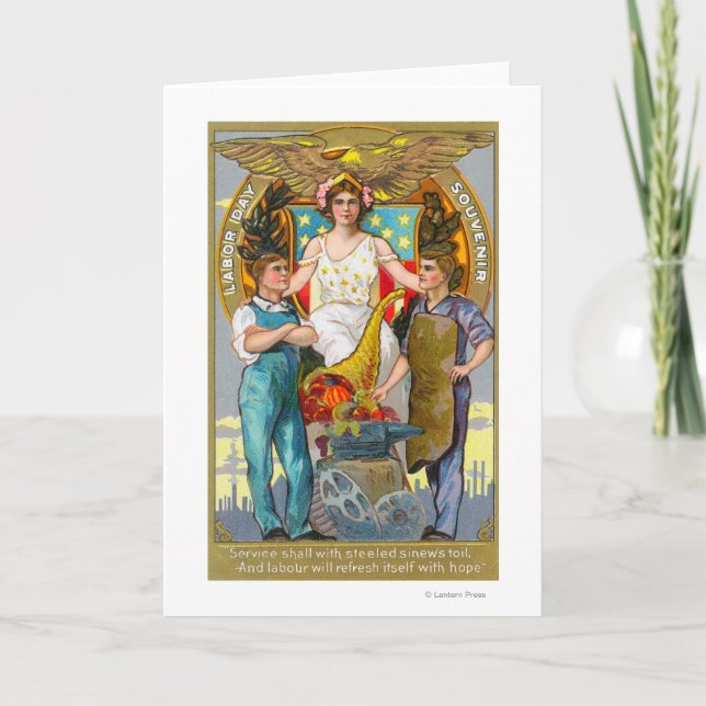 Cartão Labor Day Souvenir Laborers with Lady Justice (Frente)