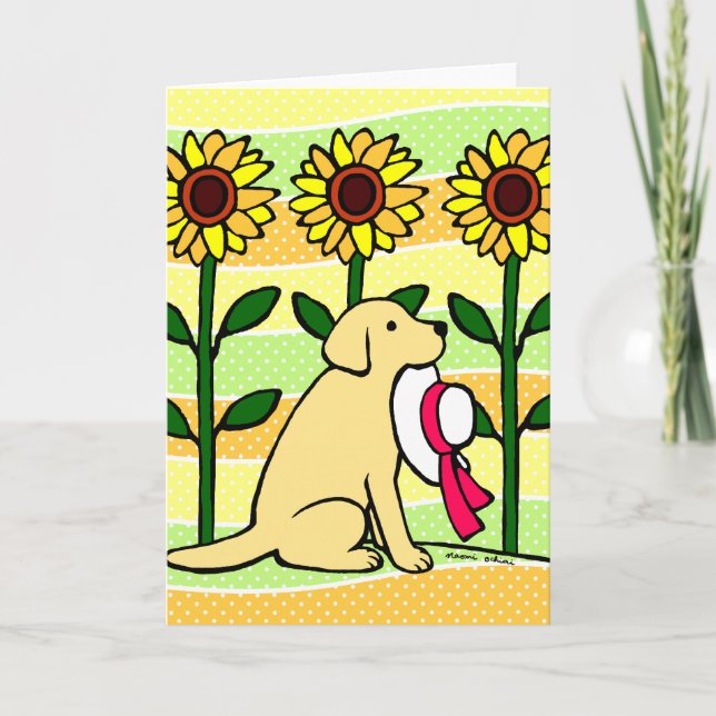 Cartão Labrador Amarelo de Verão com flores girassosas (Frente)