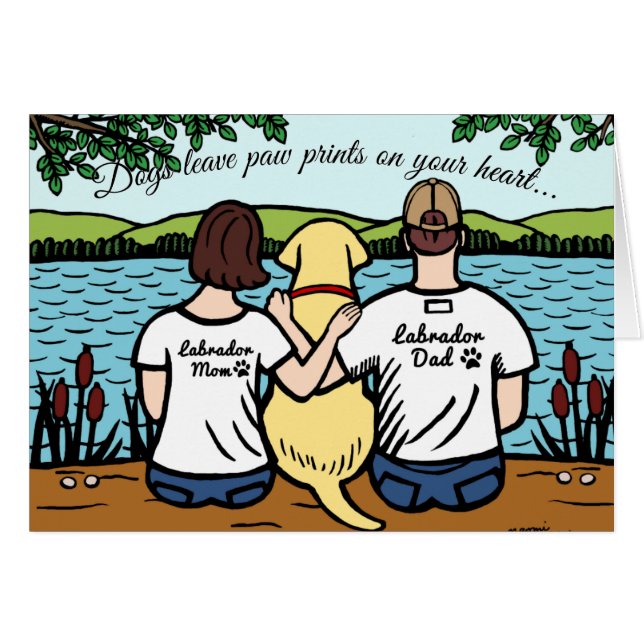 Cartão Labrador e mamã e pai amarelos (Frente Horizontal)