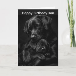 Cartão Labrador preto, pai e filho, Abraço de amor