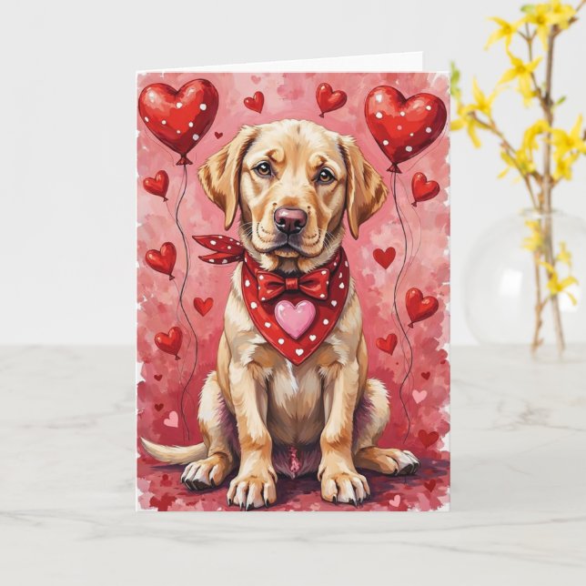 Cartão Labrador Retriever Valentine’s Day Dog with Hearts (Flor Amarela)
