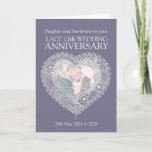 Cartão Lace 13th wedding anniversary photo card<br><div class="desc">Lace wedding anniversary card personalize with your choice of receiver,  year of marriage and photo and inside words. Example reads: Daughter and Son-in-law on your Lace 13th Wedding Anniversary and your dates. Lace heart effect art and design by Sarah Trett for www.mylittleeden.com on zazzle.</div>