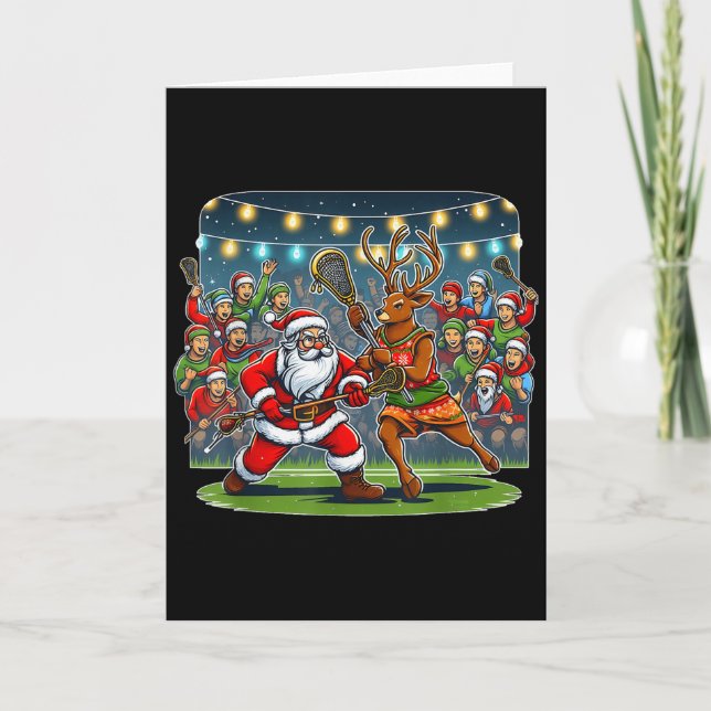 Cartão Lacrosse Player Christmas Santa Reindeer Playing L (Frente)