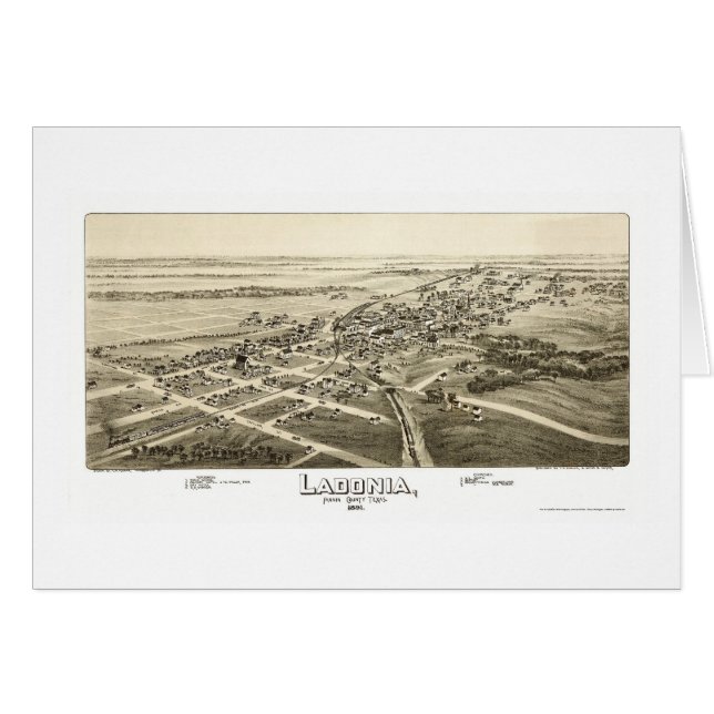 Cartão Ladonia, mapa panorâmico de TX - 1891 (Frente Horizontal)
