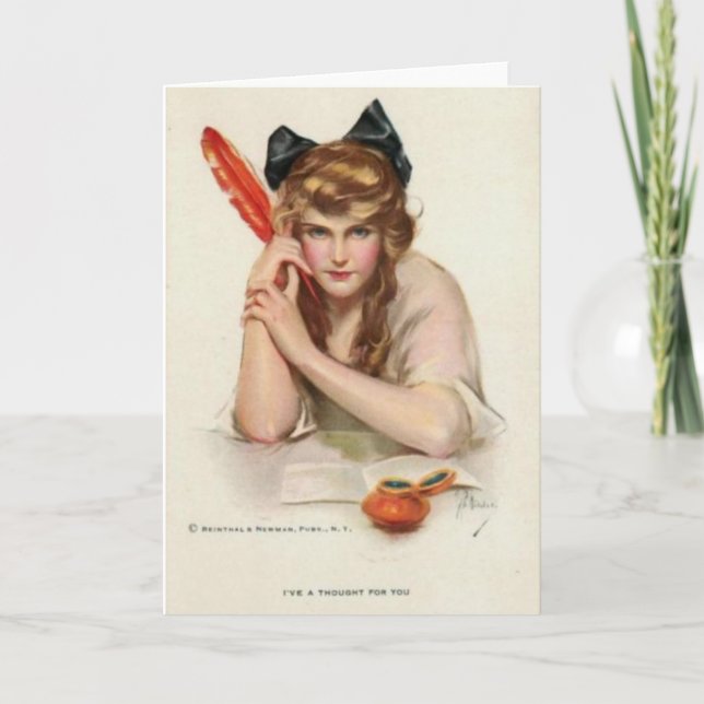 Cartão Lady With Red Quill Pen Greeting Card (Frente)