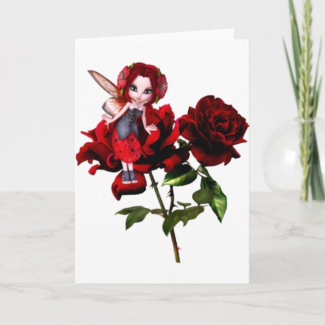 Cartão Ladybug Fairy on Red Roses (Frente)