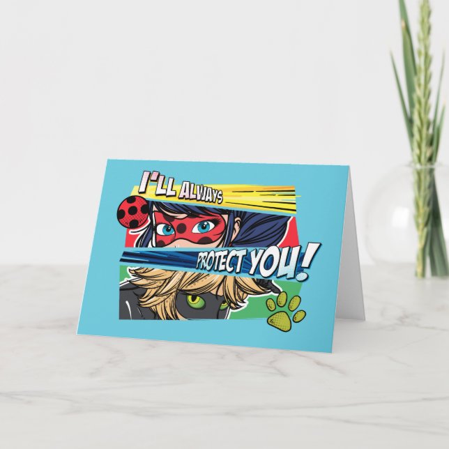 Cartão Ladybug Miraculoso e Cat Noir sempre protegem você (Frente)