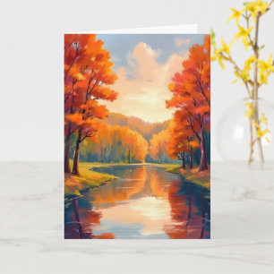 Cartão Lago de Outono Aquarela da Natureza com Folhagem