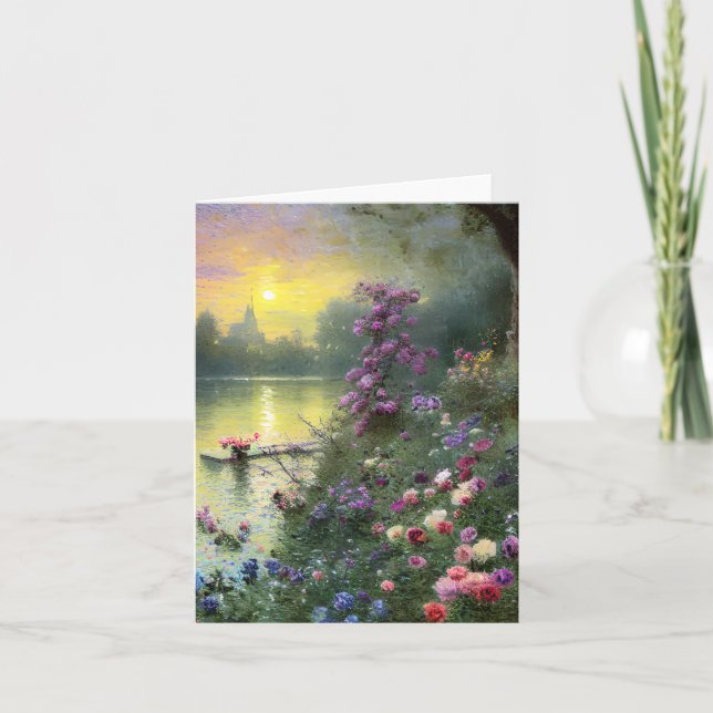 Cartão Lago e flores vintage personalizáveis (Frente)