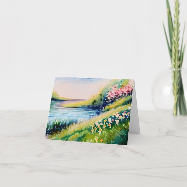 Cartão Lagoa de aquarela e flores personalizáveis (Frente)