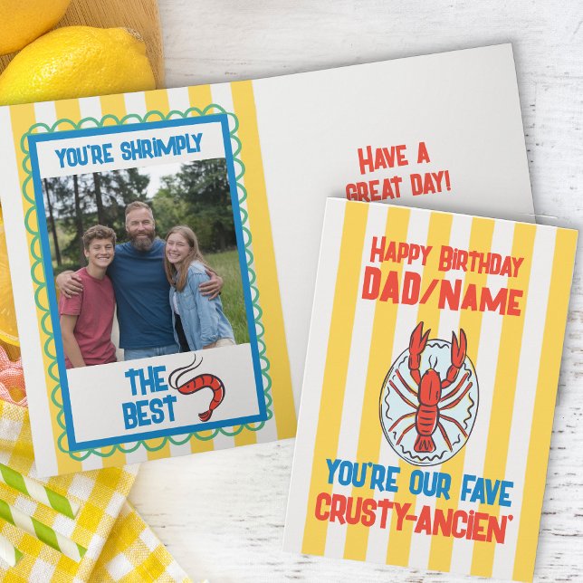 Cartão Lagosta Engraçada Amalfi Yellow Strike Foto Aniver (funny birthday photo card with lobster and crustacean themed dad joke)