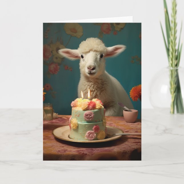 Cartão Lamb/Ovelha com Bolo de Aniversário (Frente)