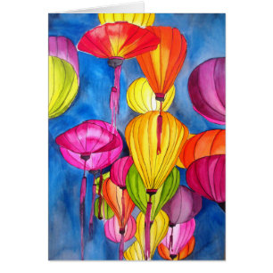 Cartão Lanteras Chinesas pintam-d'água de arte fina