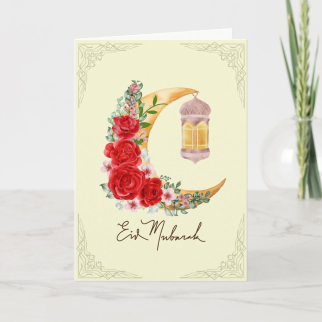 Cartão Lanterna Islâmica do Crescente Floral rosa Eid Mub (Frente)