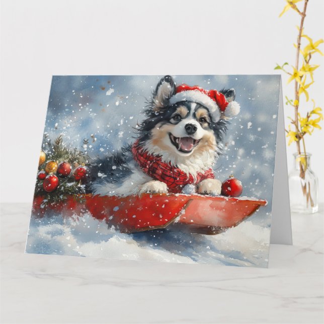 Cartão Lapphund finlandês em Sledge Deixem nevar o Natal (Flor Amarela)