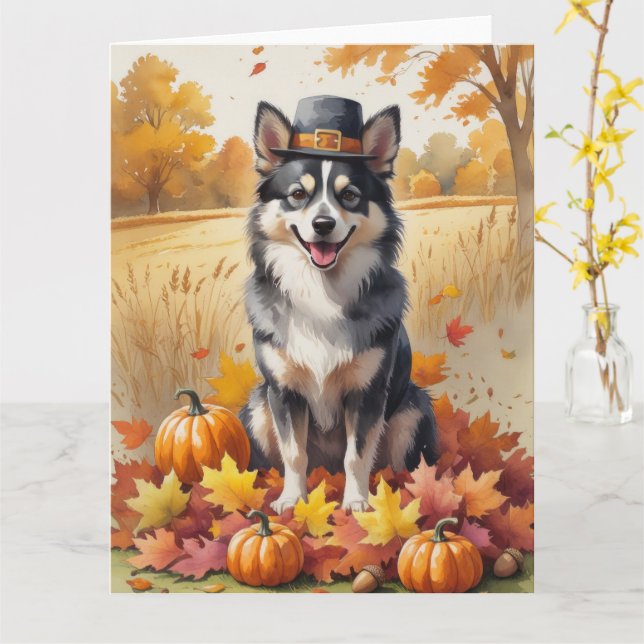 Cartão Lapphund Finlandês No Outono Deixa A Arte De Ação  (Flor Amarela)