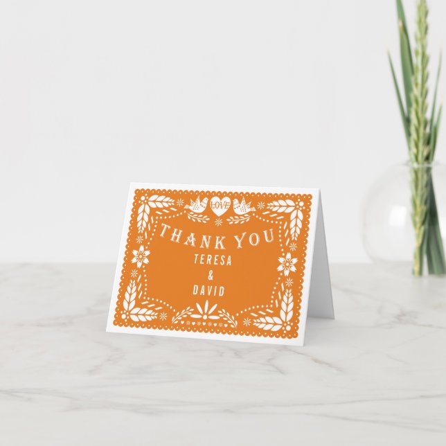 Cartão Laranja papel picado amor aves casamento Obrigado (Frente)