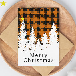 Cartão Laranja Rústico Xadrez Búfalo Floresta Feliz Natal
