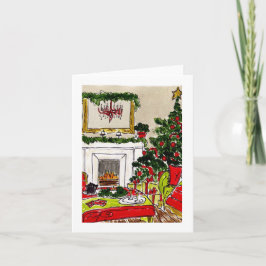 Cartão Lareira de Natal com Lustre Vermelho
