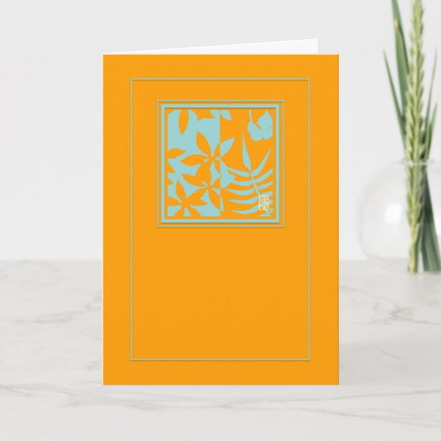 Cartão Leaf Motif Teal no Vazio Vertical Laranja (Frente)