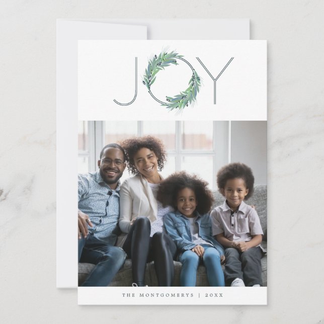Cartão Leafy Blue Joy escrevia no Natal/foto de feriado (Frente)