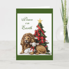 Cartão Leão e Lamb na Árvore de Natal Hoiliday