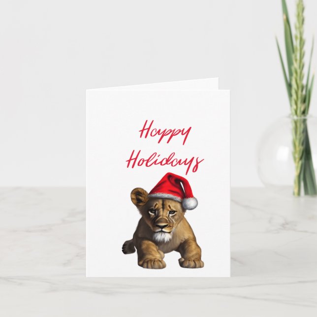 Cartão Leão Vestindo um Chapéu de Papai Noel Branco (Frente)