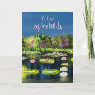 Cartão Leap Year Birthday, Pond, Lutus Flowers/Frog