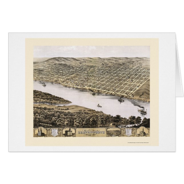 Cartão Leavenworth, mapa panorâmico de KS - 1869 (Frente Horizontal)