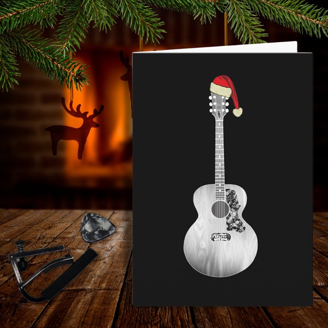 Cartão Legal guitarra acústica de Natal preto e branco (Guitar players Christmas holiday card)