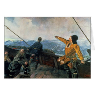 Cartão Leif Eriksson observa a terra em América, 1893