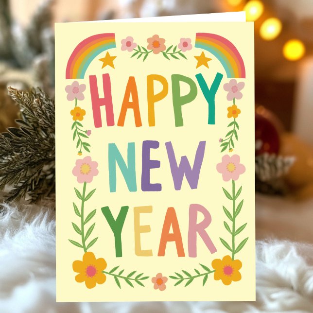 Cartão Leitura animada de FELIZ ANO NOVO (Cheerful Whimsical Rainbow HAPPY NEW YEAR Handlettering Card
)