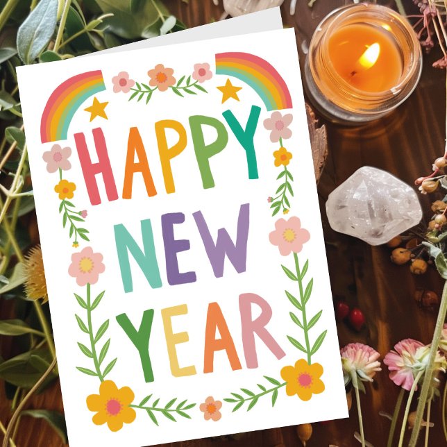 Cartão Leitura animada de FELIZ ANO NOVO (Cheerful Whimsical HAPPY NEW YEAR Rainbow Flowers Boho Handlettering Card
)