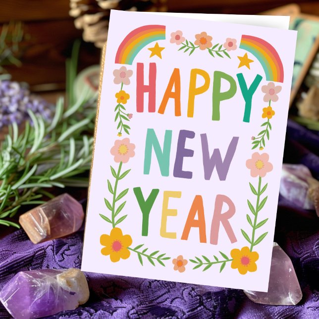 Cartão Leitura animada de FELIZ ANO NOVO (Cheerful Whimsical HAPPY NEW YEAR Rainbow Boho Floral Handlettering Greeting Card
)