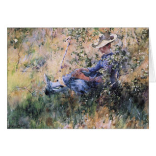 Cartão Leitura sob um Hawthorne de florescência Bush