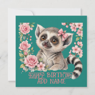 Cartão Lêmure Fêmea: Animal Bebê com Laço e Flores Pastel