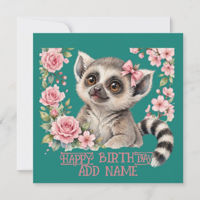 Cartão Lêmure Fêmea: Animal Bebê com Laço e Flores Pastel (Frente)