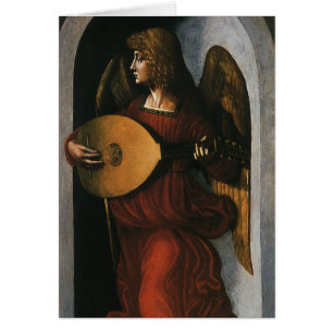 Cartão Leonardo da Vinci é um anjo em vermelho com uma Lu