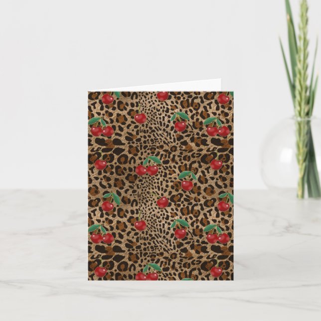 Cartão Leopard Cheetah Animal Print Red Cherry Pattern (Frente)