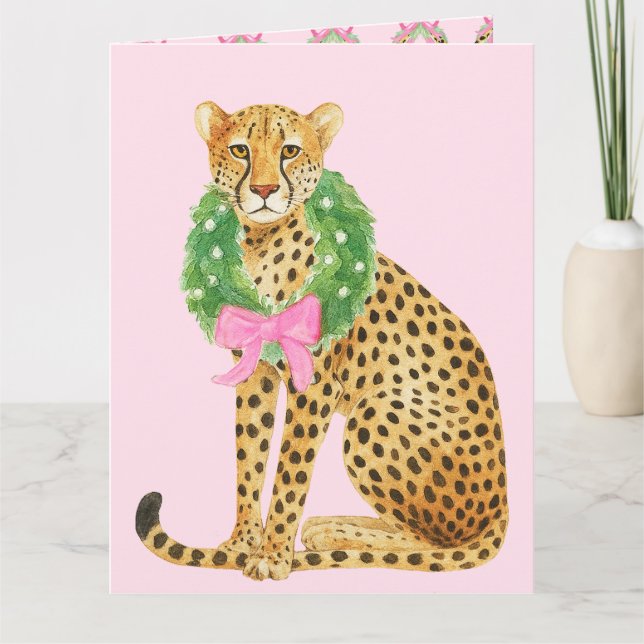 Cartão Leopardo de Grinalda de Natal (Frente)